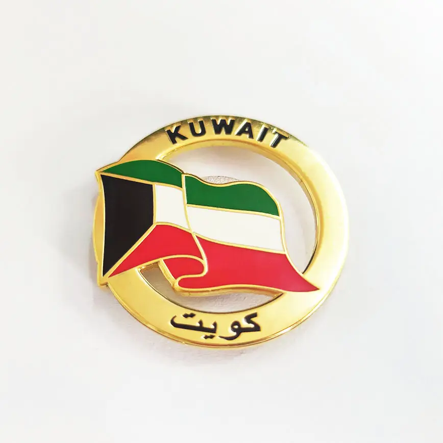 쿠웨이트 국기 로고 금속 브로치 핀 골드 도금 중공 배지 자석 핫 세일