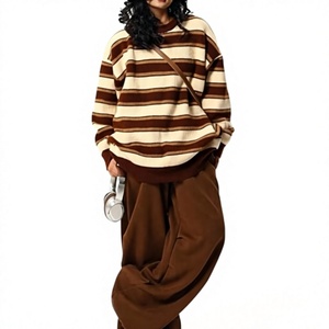 Pull en tricot rayé marron crème surdimensionné pour femme, manches longues, col rond, coupe ample, style streetwear décontracté pour l'automne et l'hiver - Product Image 3