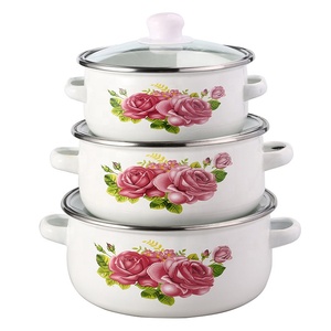 Ensemble de 3 casseroles en fonte émaillée avec poignées composites, couvercles en verre trempé, design floral écologique, compatible gaz et <span class=keywords><strong>induction</strong></span> - Product Image 1