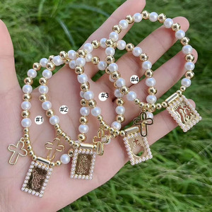 BB1058 Chic cuentas <span class=keywords><strong>de</strong></span> bola chapadas en oro <span class=keywords><strong>de</strong></span> 18 quilates y cuentas <span class=keywords><strong>de</strong></span> perlas Virgen María Carmel corazón asustado y pulseras <span class=keywords><strong>de</strong></span> escapularios con <span class=keywords><strong>abalorios</strong></span> <span class=keywords><strong>de</strong></span> Cruz abierta - Product Image 3