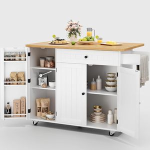 Carrito de Cocina Móvil SENYU con Tablero de Madera Maciza Abatible, Gabinete Blanco, Estante de Almacenamiento, Cajón y Ruedas para Cocina - Product Image 1