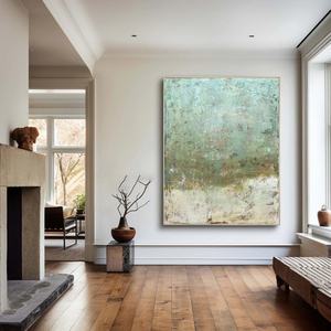 Peinture abstraite vert rustique vieilli sur toile pour la décoration intérieure – Peinture à l'huile originale faite à la main, tableau mural moderne - Product Image 1