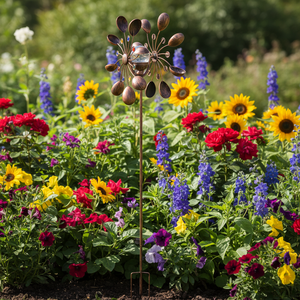 Moderne Große Eisen-Windmühle für den Garten, Magisches Metall-Blumen-Windspiel, Kinetisches Wind-Kunstwerk, Windspinner - Product Image 1