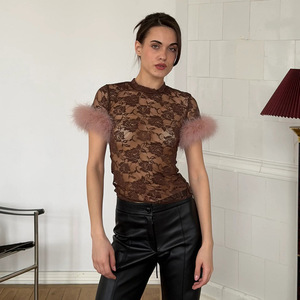 Lace Sheer Round Neck Women's T-<b>Shirt</b> Short Sleeve Slim Fit Fashionable Versatile Top - Product Image 3