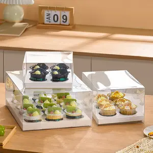 Großhandel 2/4/6/12 Cupcakes Muffin Verpackungs boxen klare Abdeckung Bogen Band transparente Cupcake-Box
