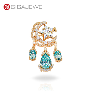 GIGAJEWE 总重量 9.628 克拉 复古天体星形切割白青色莫桑石月亮胸针 18K 镀金 925 银首饰 - Product Image 1