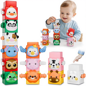 Blocs d'empilage Montessori en <span class=keywords><strong>bois</strong></span> HNSMART pour les enfants de 2 à 4 ans - Cubes en forme d'animaux - Trou de correspondance - Empilage par pression - Motricité fine - Product Image 2