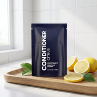 Sachet en aluminium noir imprimé sur mesure, à trois soudures latérales, pour échantillon de shampoing, après-shampoing ou cosmétique de voyage de 15 ml