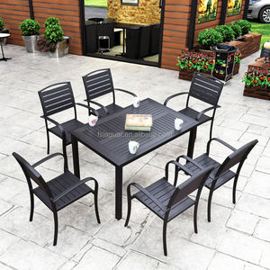 Ensemble de salle à manger d'extérieur moderne en aluminium noir résistant aux intempéries, <span class=keywords><strong>table</strong></span> <span class=keywords><strong>rectangulaire</strong></span> à lattes et 6 chaises pour jardin et <span class=keywords><strong>balcon</strong></span> - Product Image 3