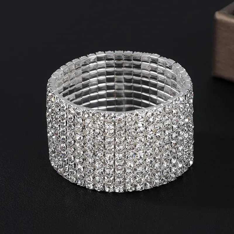 1 2 3 4 5 6 7 8 9 10 fila diamante tenis pulsera Metal apilado joyería pulsera apilable elástico completo cristal pulsera brazaletes
