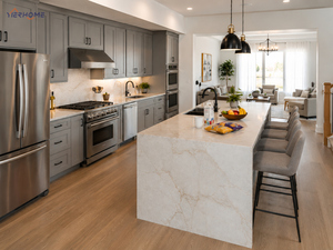 Armoires de <span class=keywords><strong>cuisine</strong></span> shaker gris foncé de luxe avec comptoir en quartz Taj Mahal <span class=keywords><strong>et</strong></span> grand îlot <span class=keywords><strong>pour</strong></span> projet de villa - Product Image 3