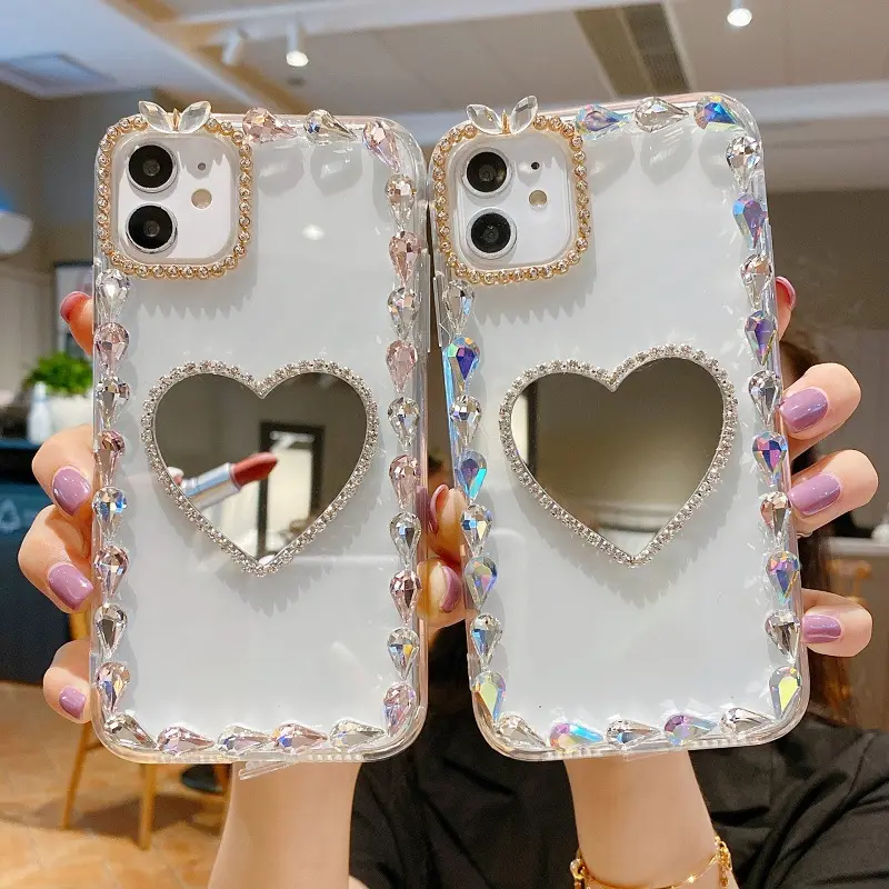 दिल के आकार के हीरे फैशन श्रृंगार दर्पण फोन के मामले में iphone के लिए 13 13 प्रो दर्पण ग्लास फोन के मामले में