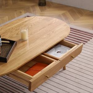 Mesa de Centro Ovalada Moderna con 2 Cajones, Mesa de Madera Sólida para Sala de Estar u Oficina, Muebles Minimalistas en Stock - Product Image 6