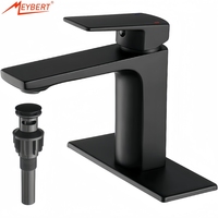 Robinet de lavabo moderne noir mat en laiton avec noyau en céramique, à poignée unique, monotrou, à poser sur le comptoir, avec siphon escamotable