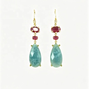 Nouvel Arrivage <span class=keywords><strong>en</strong></span> Gros : Boucles d'Oreilles Pendante Goutte d'Eau <span class=keywords><strong>en</strong></span> Aigue-Marine Naturelle avec Zircon Rouge <span class=keywords><strong>pour</strong></span> Femme - Product Image 2