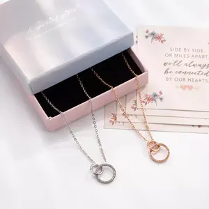 Loftily Double Ring Fashion Stainless Steel Women Rose Gold Plated CZ Zircon Best Friend Gift Eternity Two Interlocking Necklace