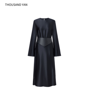Round Neck <strong>Long</strong> <strong>Sleeve</strong> <strong>Wool</strong> Silk Blend Maxi <strong>Dress</strong> for Women Elegant Solid Black <strong>Dress</strong> <strong>With</strong> Waist Belt - Product Image 4