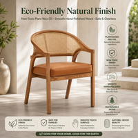 Fauteuil en bois avec dossier en rotin, hauteur totale 82 cm et hauteur d'assise 45 cm, assise rembourrée en mousse haute densité, pieds effilés