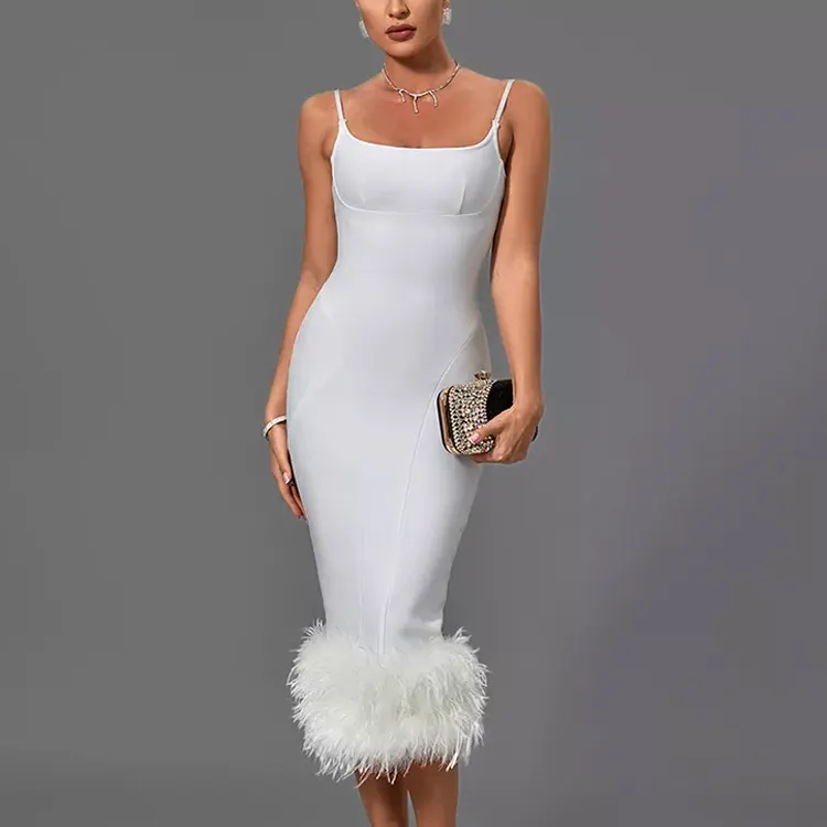 2022 Hot Style Summer Elegant Party Bandage Spaghetti Strap Dress Long Sleeveless Feather Slit Womens Dresses