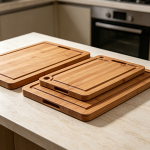 Juego de 3 tablas de cortar de bambú carbonizado personalizadas, ecológicas, con ranura profunda para jugos. - Product Image 1