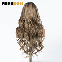 Wig Rambut Sintetis FREEDOM untuk Lace Front, Panjang Bergelombang 30 inci, Model Body Wave Belah Tengah, Lace Transparan, Warna Pirang Merah Biru Coklat, untuk Cosplay