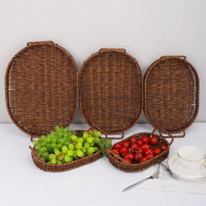 Hongtai Crafts L668 Oval Rattan Fruit Basket With Handle Storage Tray For <b>Kitchen</b> Food Serving - Product Image 1