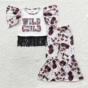 Desain baru flare lengan liar anak pinggiran atas motif sapi celana cutbrai bawah set pakaian bayi perempuan pakaian anak-anak butik