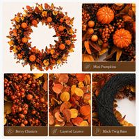 Couronne d'Halloween faite à la main, directement de l'usine, avec des feuilles artificielles de citron, de baies et de citrouilles pour la décoration de la maison, de la porte, de l'intérieur, de l'extérieur et des fêtes