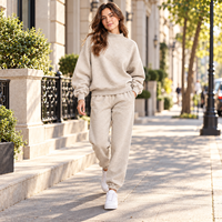 Sweat-shirt côtelé à col montant surdimensionné, 80 % coton, molleton lourd, jogging femme, ensemble décontracté 2 pièces
