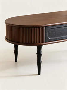 <b>Retro</b> Oval Wooden Coffee <b>Table</b> with Drawer, Fluted Design & Turned Legs for Living Room - Product Image 2