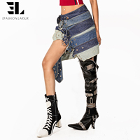 Jupes en jean patchwork à rivets LARSUR, fabrication sur mesure, taille haute amovible pour femmes
