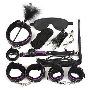 Ensemble de 10 pièces en cuir et peluche sexy, noir et rouge, pour adultes, stimulation, flirt, domination, jouets de bondage - Product Image 2