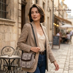Cotton Rug Crossbody <b>Bag</b> with Leather Strap Hand Block Print Ragzine Cotton Lining <b>Boho</b> Shoulder <b>Bag</b> for Women - Product Image 4
