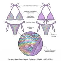 Ensemble de bikinis deux pièces à sequins arc-en-ciel, design personnalisé par le fabricant, respectueux de l'environnement, avec haut triangle à nouer sur le côté et bas string à fines bretelles.
