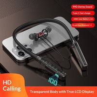Earphone Nirkabel Leher dengan Slot Kartu, Tahan Air, Bass Berat, Layar Digital untuk Olahraga Lari