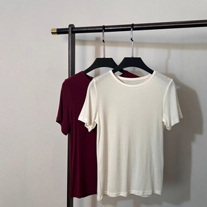 TS-019 Women's Lyocell Knitted Short Sleeve Round Neck T-Shirt Solid Color Base Layer Milky White <b>Date</b> <b>Red</b> - Product Image 1