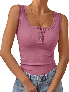 Camiseta sin mangas básica de canalé para mujer, cuello redondo, con botones, ajustada, informal, 100% algodón, transpirable - Product Image 5