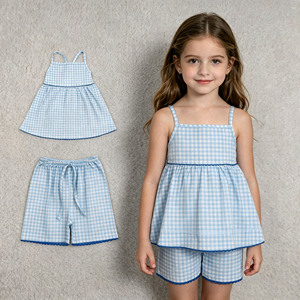 Conjuntos de Shorts a Cuadros Azul Cielo Casuales de Verano para Niñas Pequeñas, Ropa de Hermanas Transpirable con Diseños Nuevos - Product Image 1