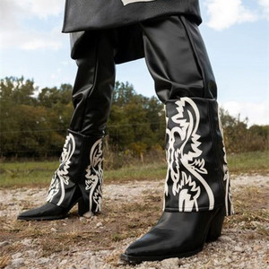 הבוקרת מרובע הבוהן לקפל מעל פיר פלחי מגפיים נשים עור לבן שחור שמנמן - Product Image 2