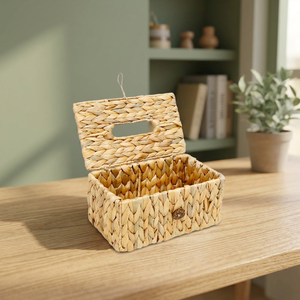 Boîte à mouchoirs rectangulaire en jacinthe d'eau tressée à la main avec fermeture à bouton en bois, moderne, imperméable et durable - Product Image 5