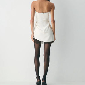 Elegant <b>White</b> Satin Strapless Pleated Short <b>Skirt</b> with Hem Lace Fashionable Party-style Women's Outfit - Product Image 5