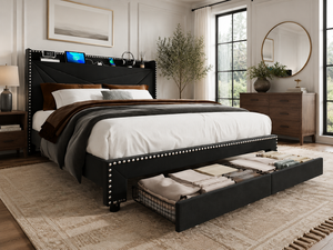 Cadre de lit intelligent avec rembourrage doux et confortable, tiroirs intégrés, taille Queen et King, en tissu, avec rangement - Product Image 1