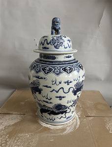 Tarro de templo Chinoiserie grande Vintage con diseños de perro Foo, tarros de jengibre de León azul y blanco Chinoiserie grande, tarro con tapa <span class=keywords><strong>Shenlong</strong></span> - Product Image 3
