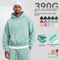 Sweat à capuche pour homme épais 390G, style skater américain, doublure polaire, coupe ample, finition délavée et vieillie, couleur unie