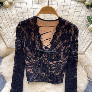 Blouses élégantes en dentelle à manches longues et col en V pour femme, chemises unies en dentelle, hauts élégants pour femme, vente en gros - Product Image 2