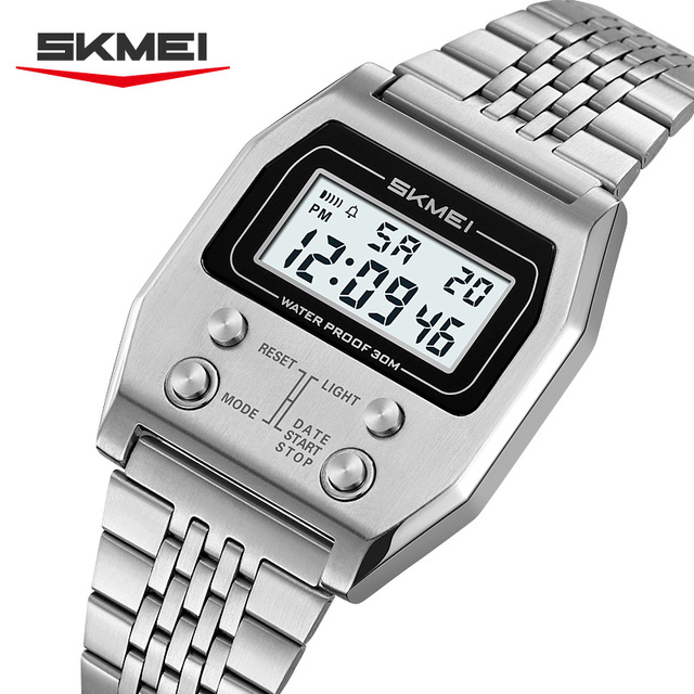 SKMEI 2460 Fashion Sport Stainless Steel LED Electronic Alarm Waterproof Digital Wristwatches Watch for Men Reloj Hombre