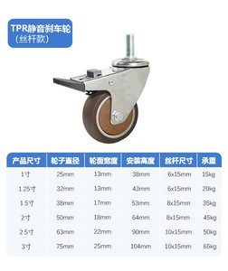 Roulettes silencieuses TPR pour meubles, axe coulissant M6/M10, frein universel, roue résistante à l'usure, capacité de charge 30 kg, roulement à billes - Product Image 5