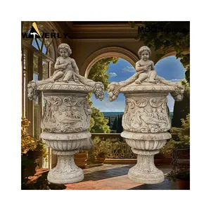 Waverly Custom Design Garden Hand Carevd Marble Flowerpot Luxury Antique Limestone Granite Flower Pot Vases With Child Statue