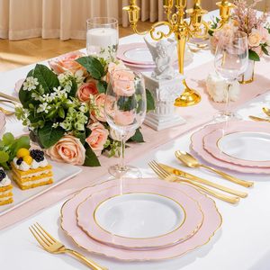 Einweg-PS-Hartplastik-Rundschalen mit Goldprägung am Rand und rosa Fransen, 7 Zoll Durchmesser, modernes minimalistisches Design-Set - Product Image 4