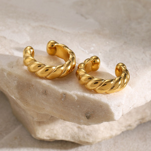 Stainless Steel Round Thread Clip On <b>Earrings</b> 18k Gold Plated Geometric Design Fashion Hoop <b>Earrings</b> - Product Image 3